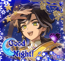 a picture of a boy with green eyes and the words good night on it