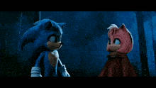 sonic and amy are looking at each other in a dark forest