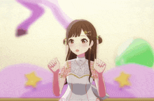 a girl in a white dress with flowers on it