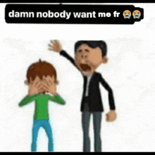 a cartoon of a man screaming at a boy who is covering his eyes .