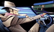 a man in a hat is driving a car with a steering wheel that has the letter h on it
