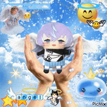 a picture of a person holding a stuffed angel with the word angel written on the bottom