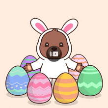a cartoon of a bear dressed as a bunny surrounded by colorful easter eggs