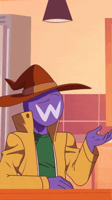 a cartoon character wearing a witch hat with a white w on his face