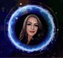 a woman is surrounded by a blue circle