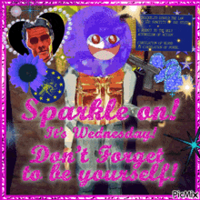 a picture of a man with a purple face and the words " sparkle an " on it