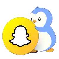 a blue and white penguin holding a yellow circle with a snapchat logo on it
