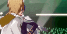 a couple of anime characters are standing next to each other .