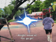 a man is running in front of a sign that says ' alright move in go go go '