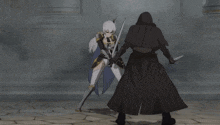 a woman with white hair is holding a sword and a man in a black cape is holding a knife