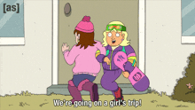 a cartoon says we 're going on a girl 's trip while a girl holds a snowboard