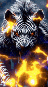 a painting of a zebra with flames behind it