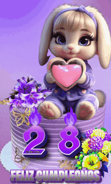 an animated picture of a bunny holding a heart and the number 28