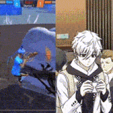 a man in a blue shirt is playing a video game next to a man with white hair holding a cell phone