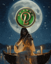 a woman playing a violin in a boat with candles in front of a green logo that says olanda