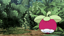 a cartoon character with a green leaf on its head is walking through a lush green forest