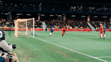 a soccer game is being played in a stadium that has a honeycomb advertisement on the wall