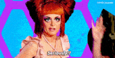 a woman with red hair says seriously on a purple and blue background