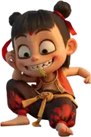 a cartoon character with a yellow sash around his waist is smiling