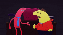two cartoon characters are standing next to each other with one wearing a tie that says ' i ' on it