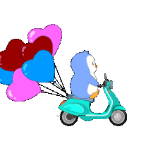a penguin is riding a scooter with balloons attached to the back