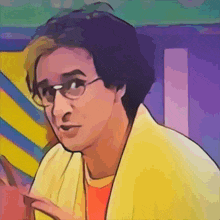 a cartoon drawing of a man with glasses and a yellow jacket