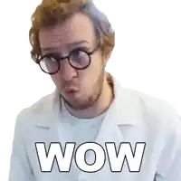 a man wearing glasses and a lab coat with the word wow written on it