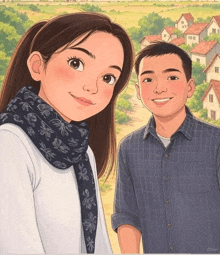 a boy and a girl are standing next to each other and the girl is wearing a scarf
