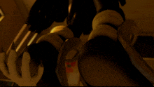a close up of a cartoon character 's hands and feet in a dark room