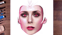 a drawing of a woman 's face with red eyes and a crown on her head