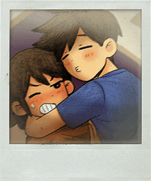 a drawing of a boy hugging another boy with a blue shirt on