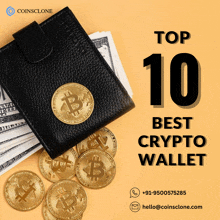a black wallet with a bitcoin on top of a pile of money