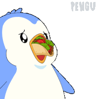 a cartoon penguin is eating a taco with the word pengu on the bottom
