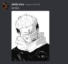 a black and white drawing of a man with the words skelly intra today at 9:07 pm im him below it