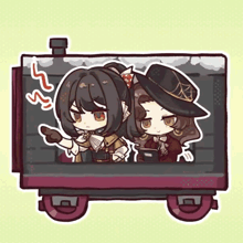 a cartoon drawing of two girls on a train with smoke coming out of it