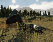 a dinosaur is laying down in a field with mountains in the background