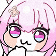 a cartoon girl with pink hair and a flower in her hair is making a funny face .