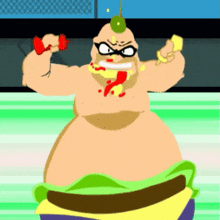 a cartoon character with a cherry on his head is holding a dumbbell