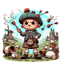 a cartoon of a boy in a kilt holding a bagpipe in a field of sheep