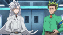 two anime characters are standing next to each other with one wearing a green shirt with a badge on it