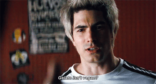 GIF from Scott Pilgrim vs The World live action movie where Vegan Todd asks, “Gelato isn’t vegan?”