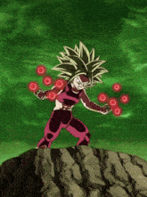 a cartoon character with a green background and red circles