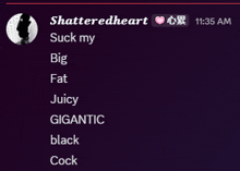 a screenshot of a chat with shatteredheart showing the time of 11:35 am