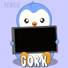 a cartoon penguin holding a tablet with the word gork on it