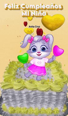 a cartoon of a bunny on a birthday cake with the words feliz cumpleanos mi nina
