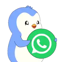 a blue and white penguin is holding a green whatsapp logo