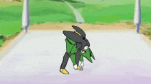 a cartoon character in a green and black outfit is bending over