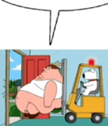 a cartoon of a fat man sitting on a forklift .