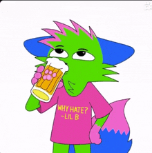 a green cartoon character drinking a beer and wearing a shirt that says why hate