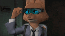 a cartoon fox wearing a suit and tie has a pair of green glasses on
